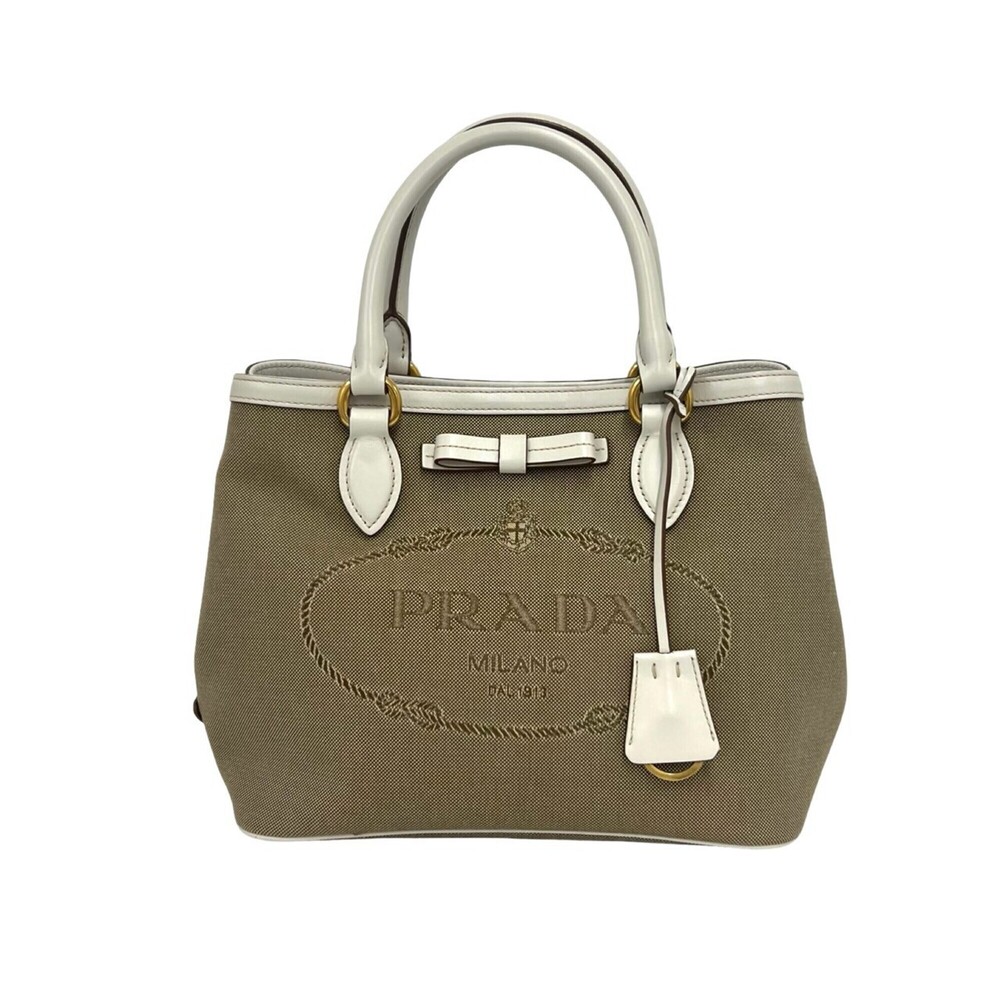 PRADA Prada Logo Canvas Leather Genuine Handbag Mini Tote Bag Boston Brown 91239
